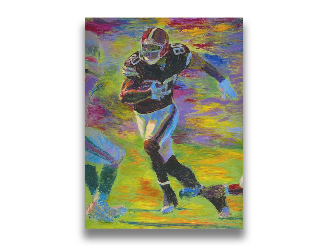 A painting of a football player running acoss the field with the ball, narrowly avoiding the opposing team's players. Printed on canvas.