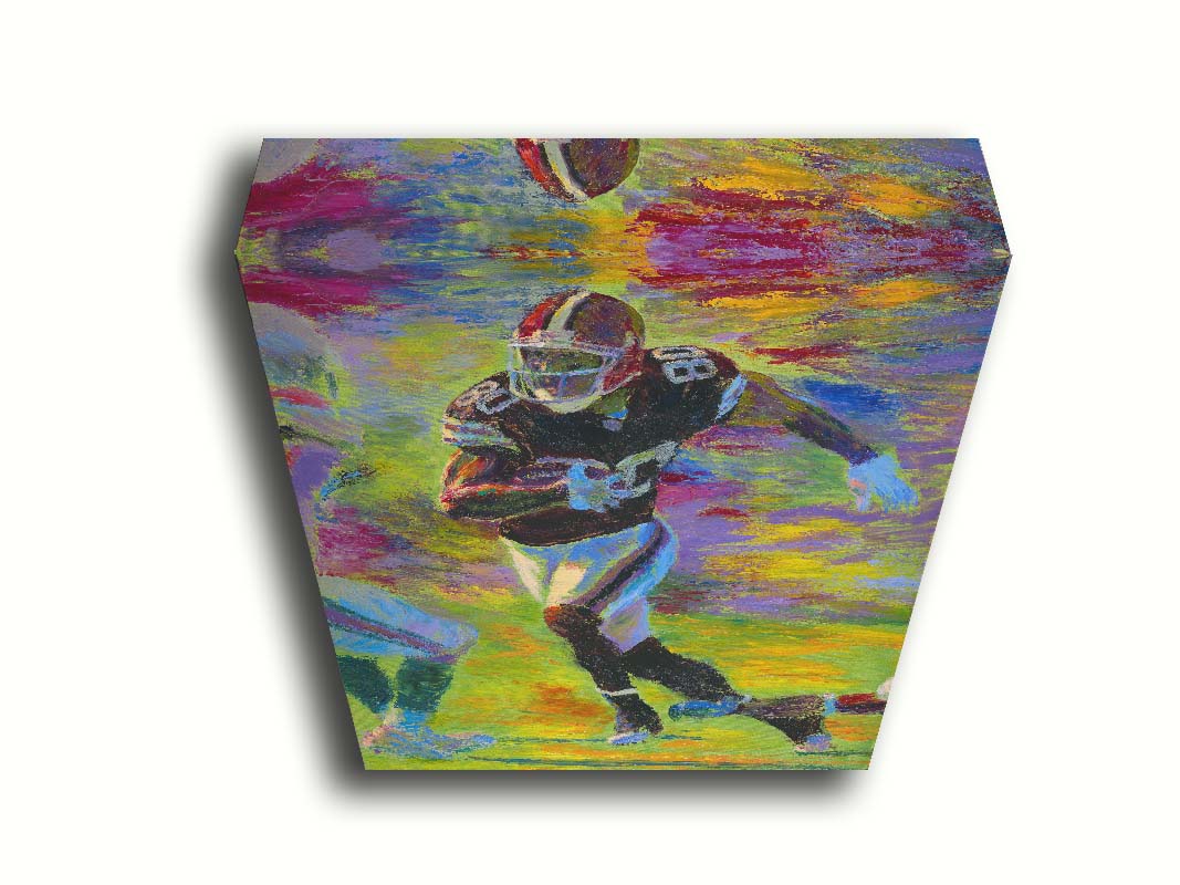 A painting of a football player running acoss the field with the ball, narrowly avoiding the opposing team's players. Printed on canvas.