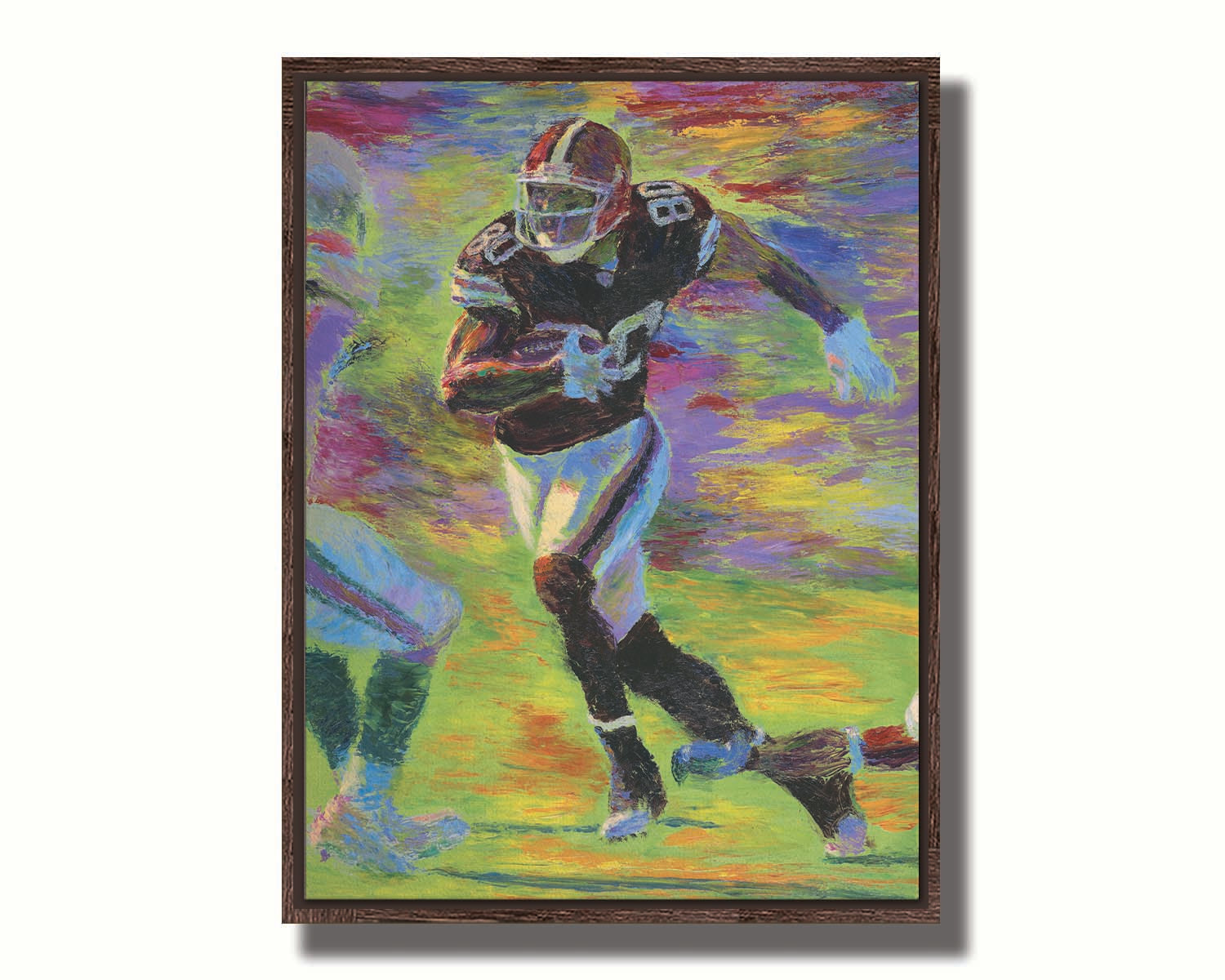 A painting of a football player running acoss the field with the ball, narrowly avoiding the opposing team's players. Printed on canvas in a float frame.