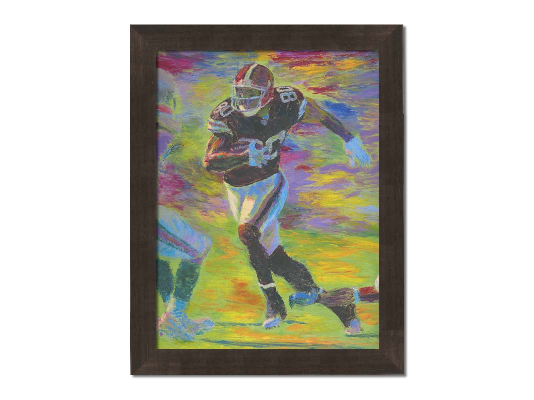 A painting of a football player running acoss the field with the ball, narrowly avoiding the opposing team's players. Printed on canvas and framed.