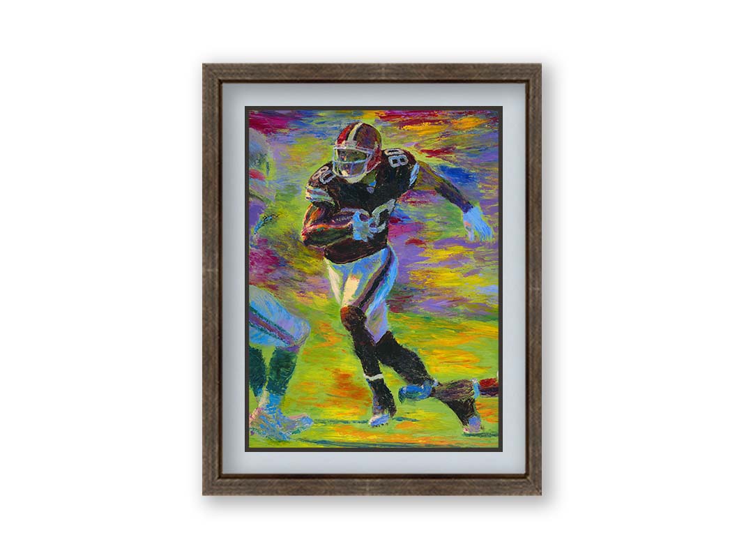 A painting of a football player running acoss the field with the ball, narrowly avoiding the opposing team's players. Printed on paper, matted, and framed.