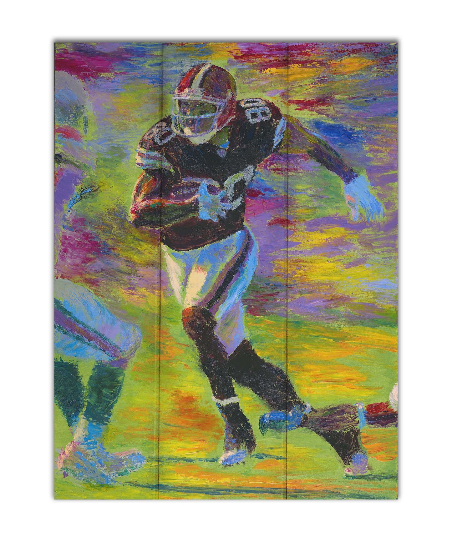 A painting of a football player running acoss the field with the ball, narrowly avoiding the opposing team's players. Printed on a box board.