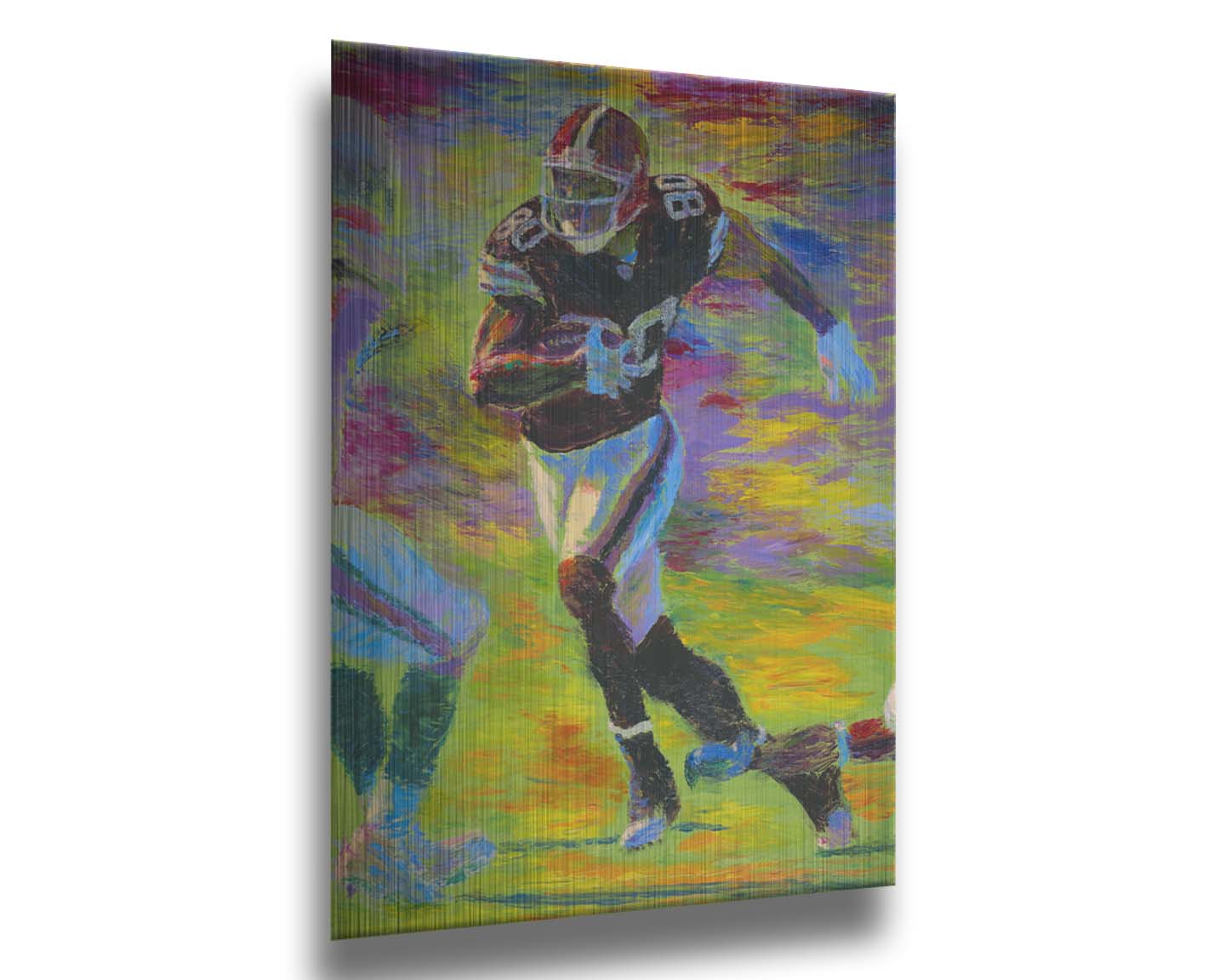 A painting of a football player running acoss the field with the ball, narrowly avoiding the opposing team's players. Printed on metal.