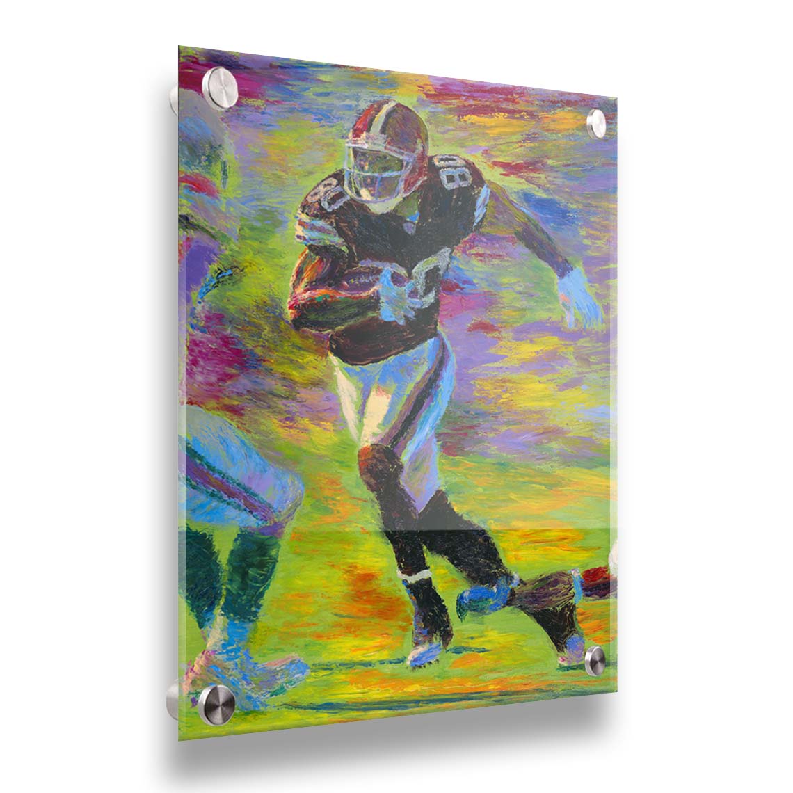 A painting of a football player running acoss the field with the ball, narrowly avoiding the opposing team's players. Printed on acrylic.