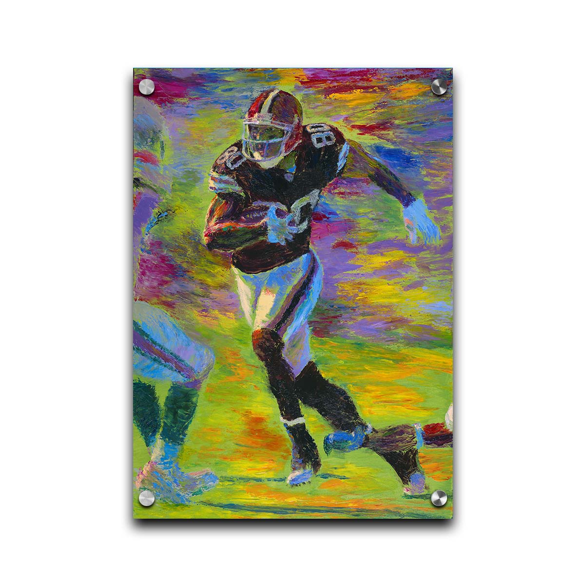 A painting of a football player running acoss the field with the ball, narrowly avoiding the opposing team's players. Printed on acrylic.