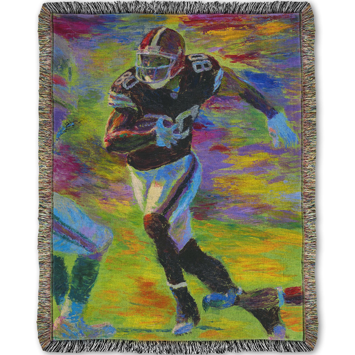 A woven blanket designed with a painting of a football player running across the field with the ball, narrowly avoiding the opposing team's players.