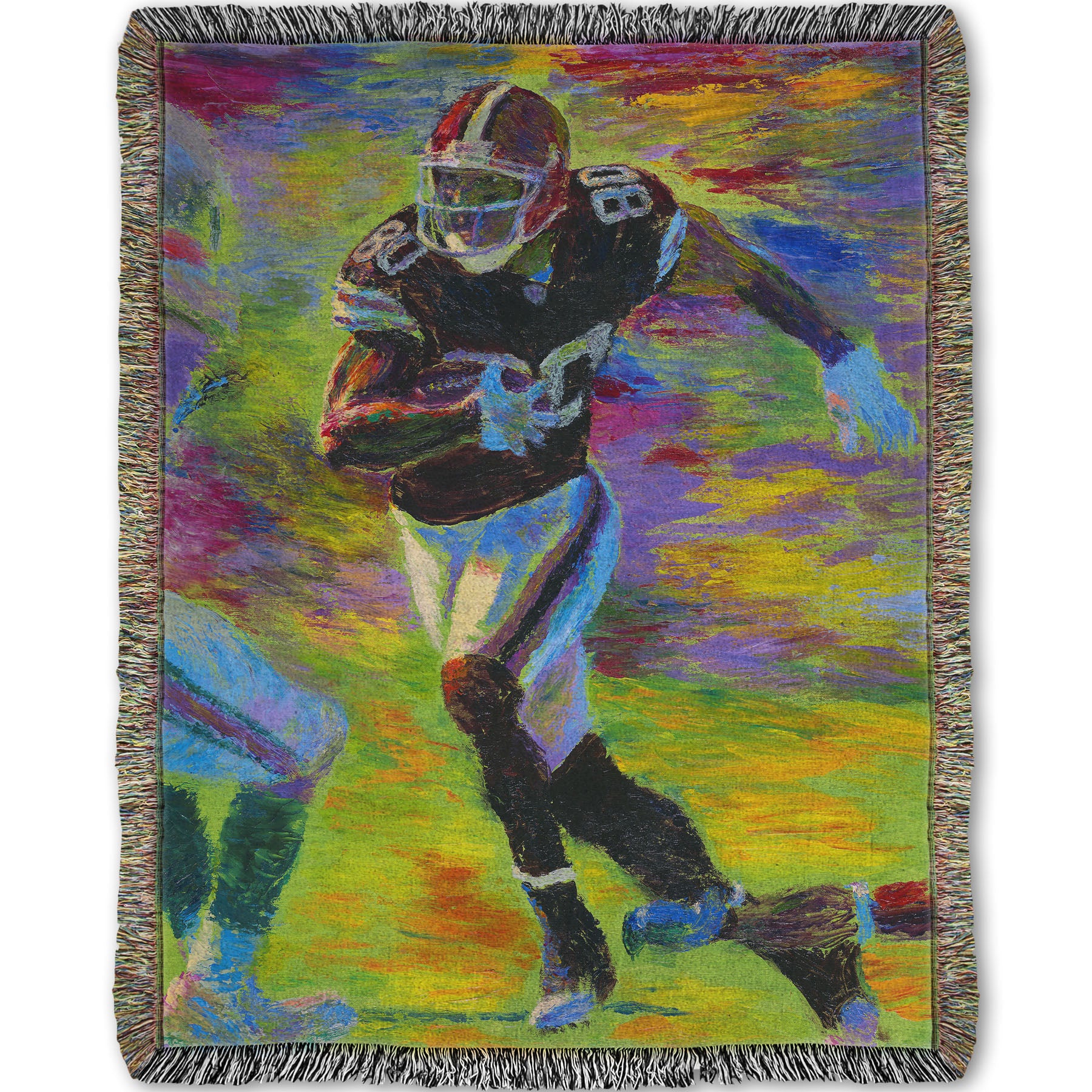 A woven blanket designed with a painting of a football player running across the field with the ball, narrowly avoiding the opposing team's players.