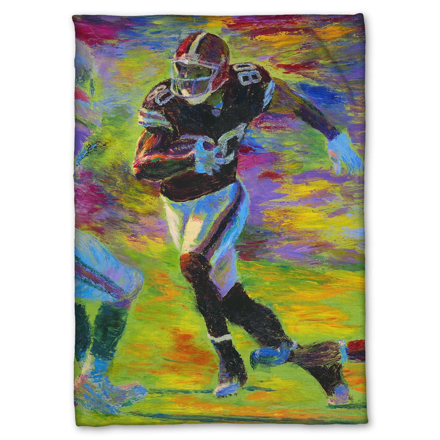A fleece throw blanket designed with a painting of a football player running across the field with the ball, narrowly avoiding the opposing team's players.