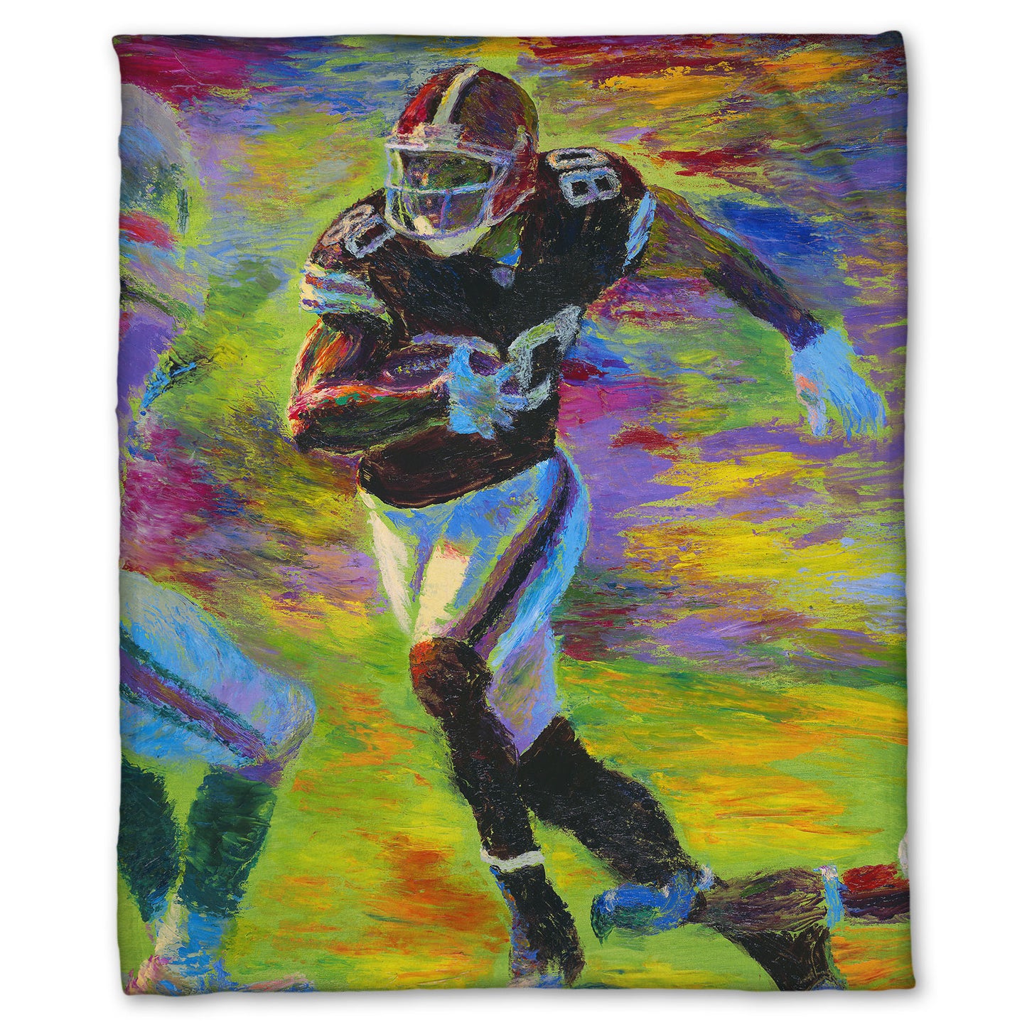 A fleece throw blanket designed with a painting of a football player running across the field with the ball, narrowly avoiding the opposing team's players.