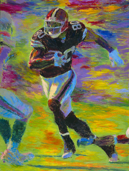 A painting of a football player running across the field with the ball, narrowly avoiding the opposing team's players.