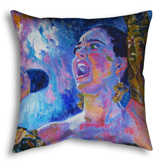 A throw pillow designed with a colorful impressionist portrait of pop musician Katy Perry wearing a gold dress and singing into a microphone.