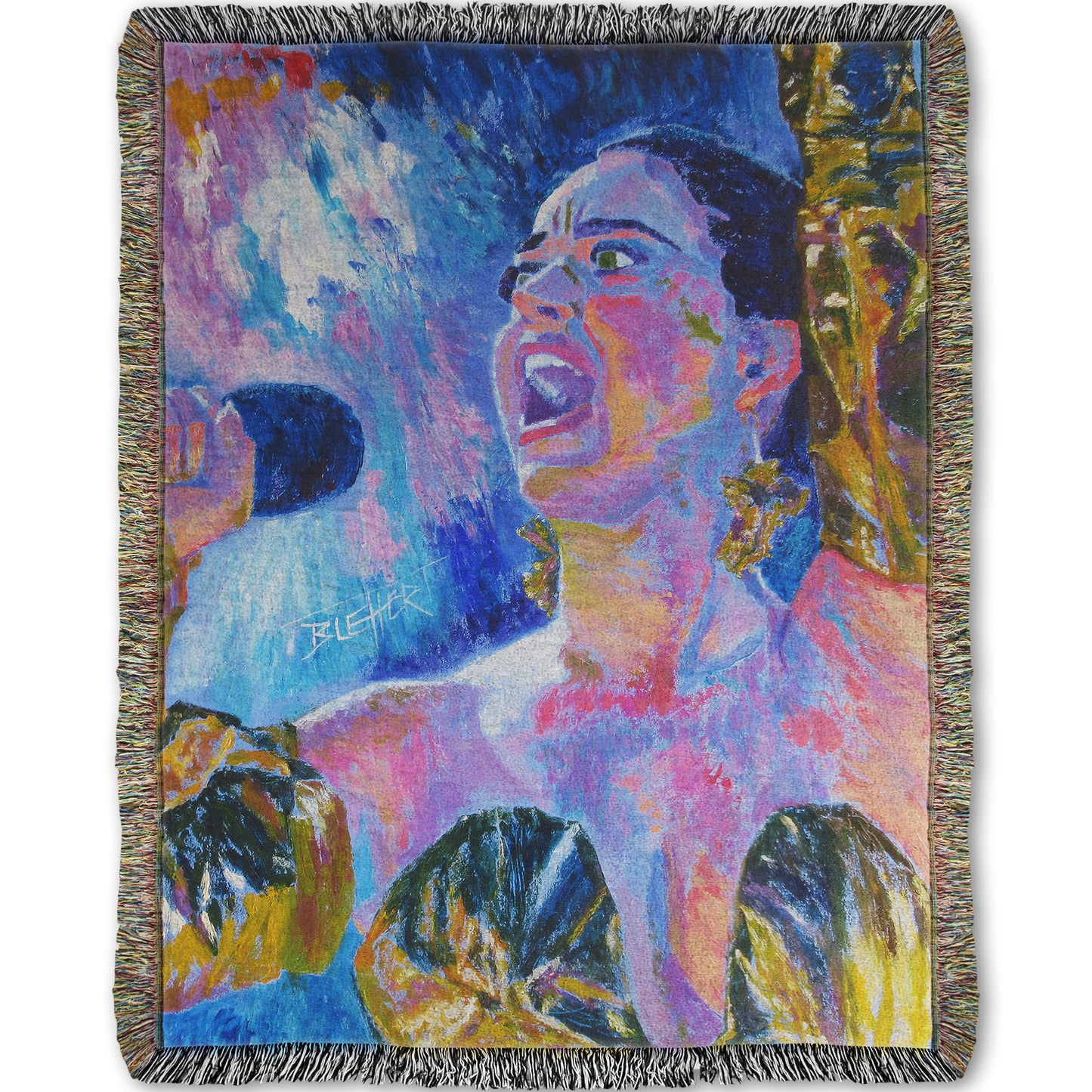 A woven throw blanket designed with a colorful impressionist portrait of pop musician Katy Perry wearing a gold dress and singing into a microphone.