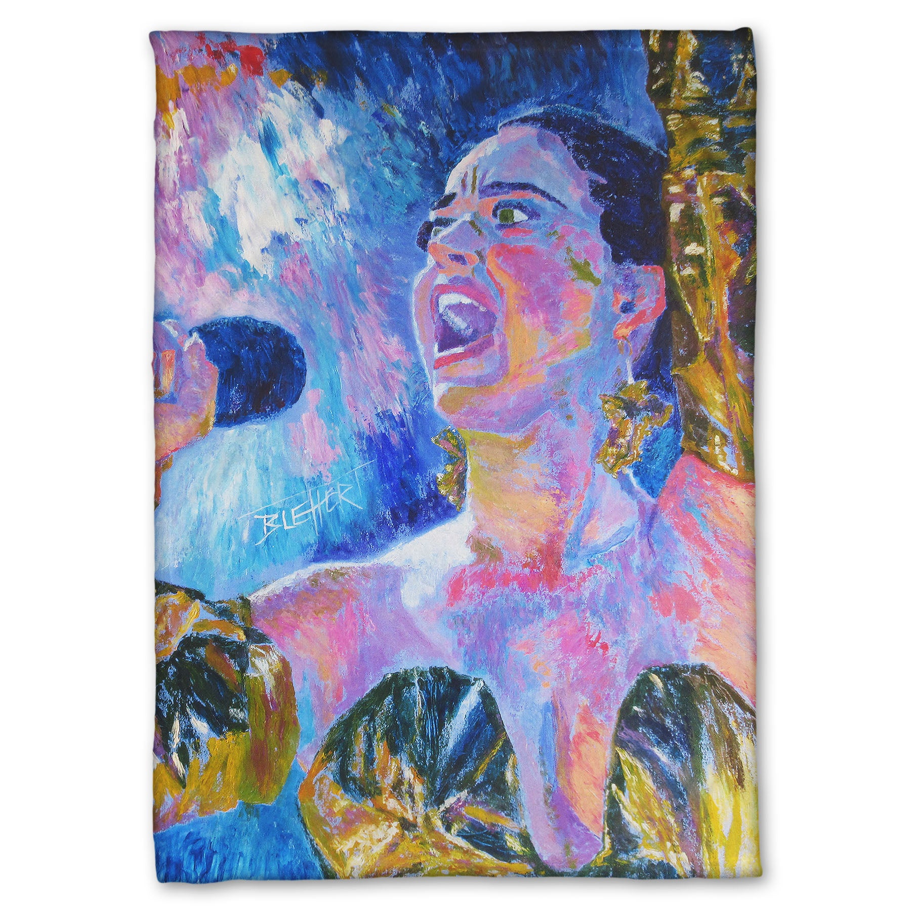 A fleece throw blanket designed with a colorful impressionist portrait of pop musician Katy Perry wearing a gold dress and singing into a microphone.