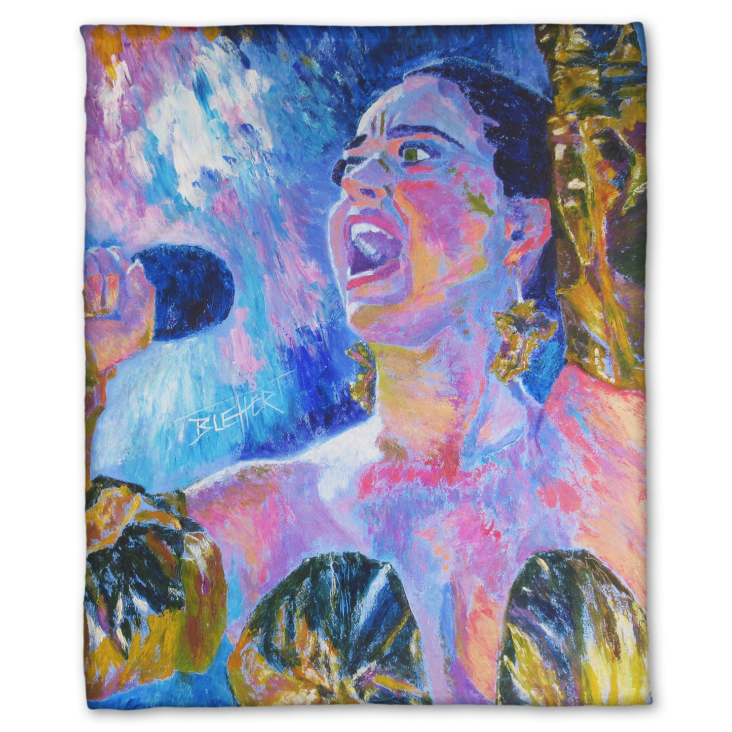 A fleece throw blanket designed with a colorful impressionist portrait of pop musician Katy Perry wearing a gold dress and singing into a microphone.