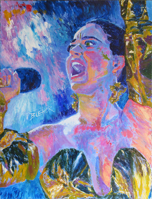 A colorful impressionist portrait of pop musician Katy Perry wearing a gold dress and singing into a microphone.