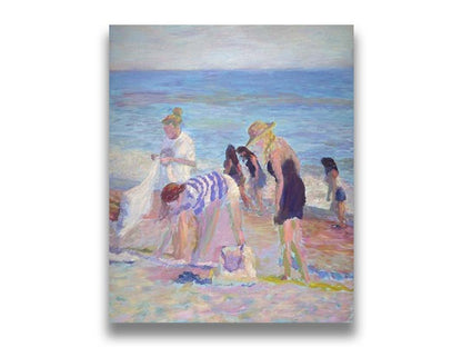 A painting of beachgoers packing up their belongings after a relaxing day. Printed on canvas.