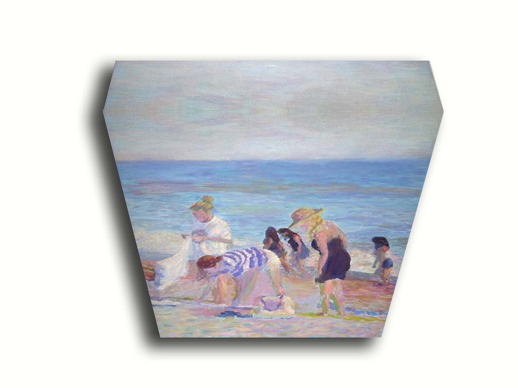 A painting of beachgoers packing up their belongings after a relaxing day. Printed on canvas.