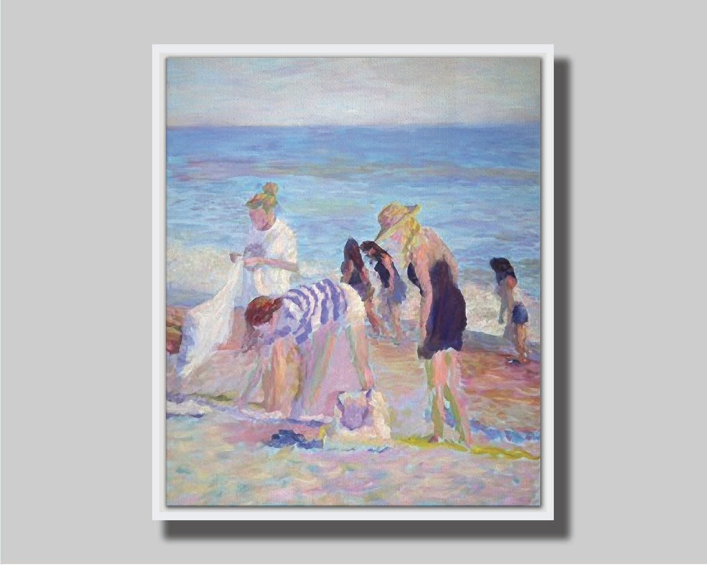 A painting of beachgoers packing up their belongings after a relaxing day. Printed on canvas in a float frame.