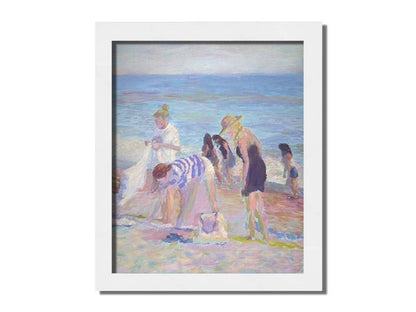 A painting of beachgoers packing up their belongings after a relaxing day. Printed on canvas and framed.