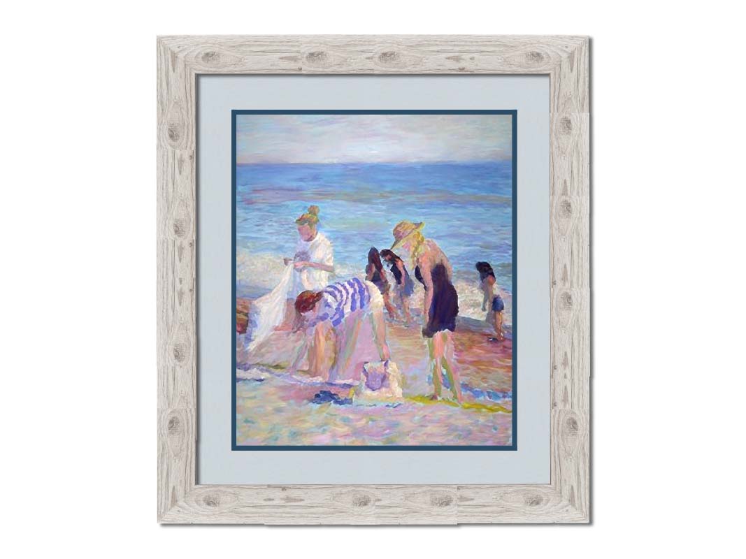 A painting of beachgoers packing up their belongings after a relaxing day. Printed on paper, matted, and framed.