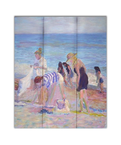 A painting of beachgoers packing up their belongings after a relaxing day. Printed on a box board.