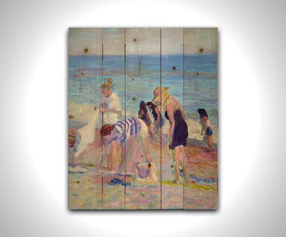 A painting of beachgoers packing up their belongings after a relaxing day. Printed on a wood pallet.