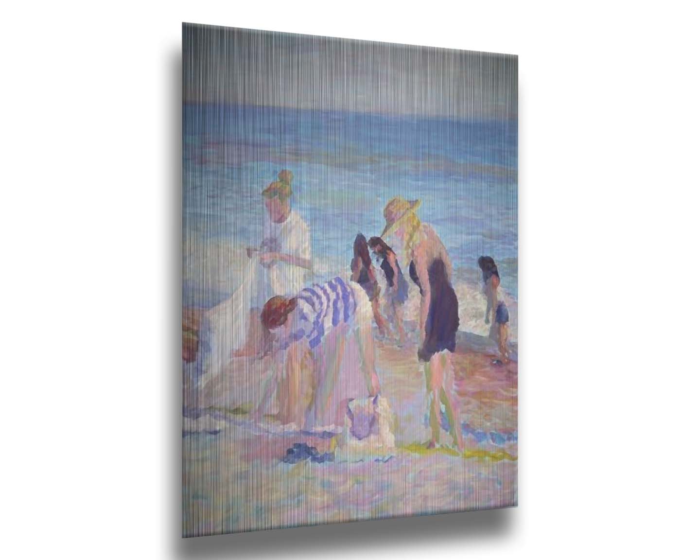 A painting of beachgoers packing up their belongings after a relaxing day. Printed on metal.