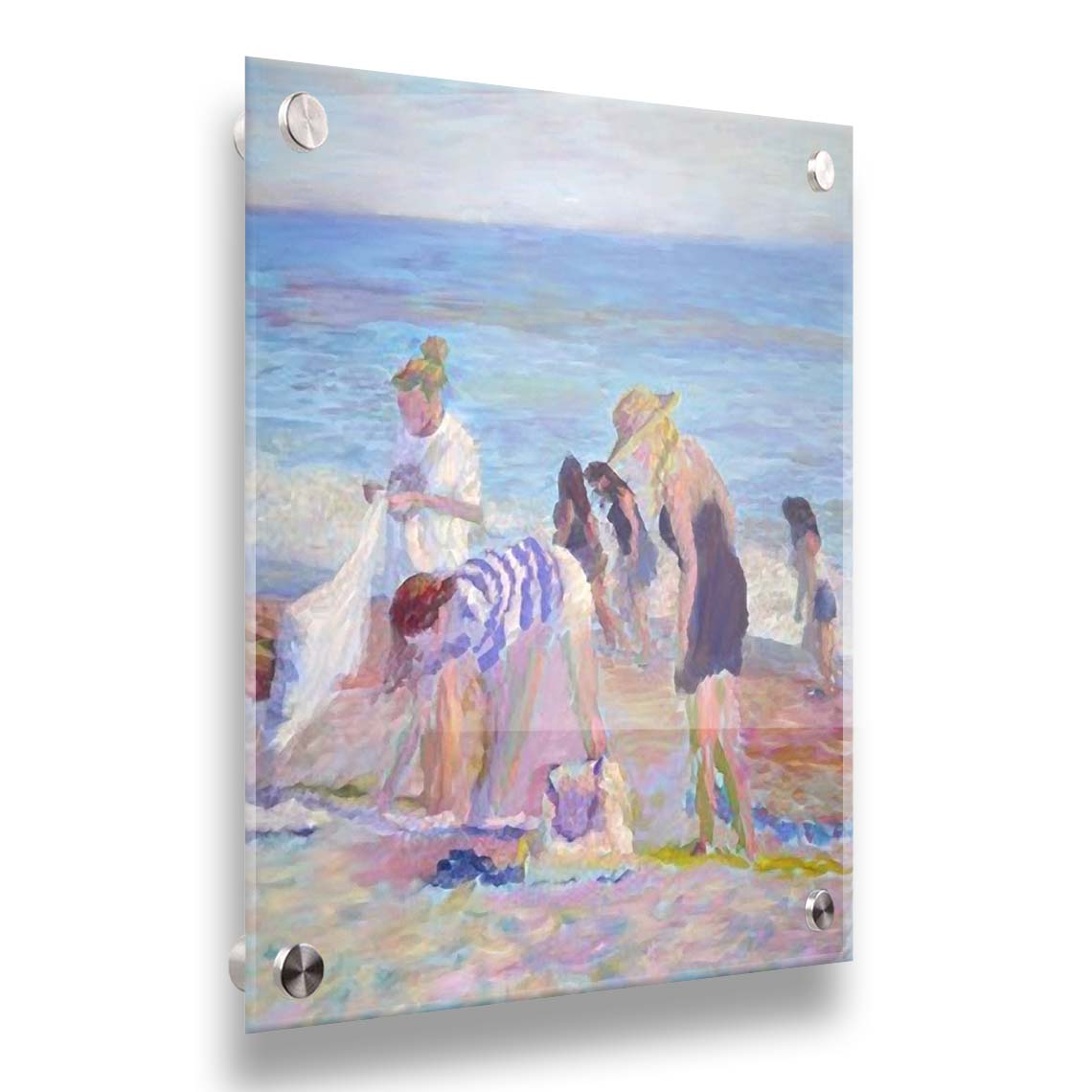 A painting of beachgoers packing up their belongings after a relaxing day. Printed on acrylic.