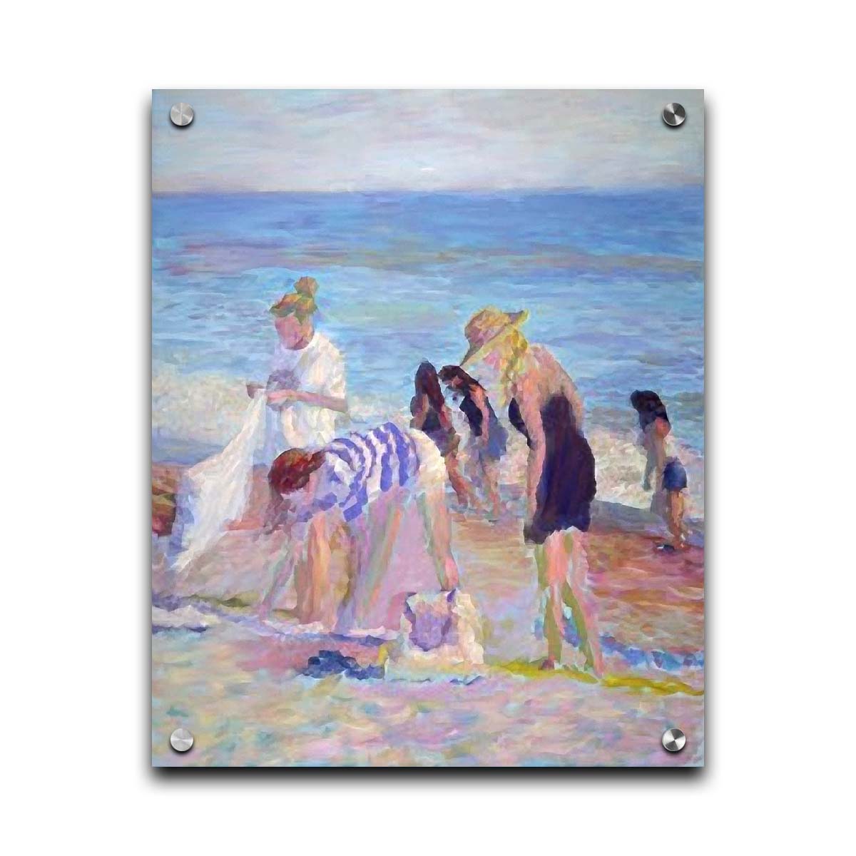 A painting of beachgoers packing up their belongings after a relaxing day. Printed on acrylic.