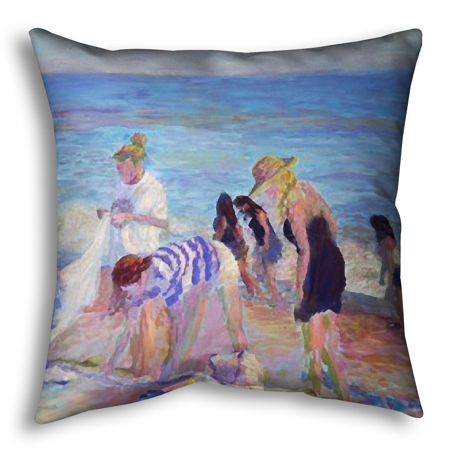 A throw pillow designed with a painting of beachgoers packing up their belongings after a relaxing day.