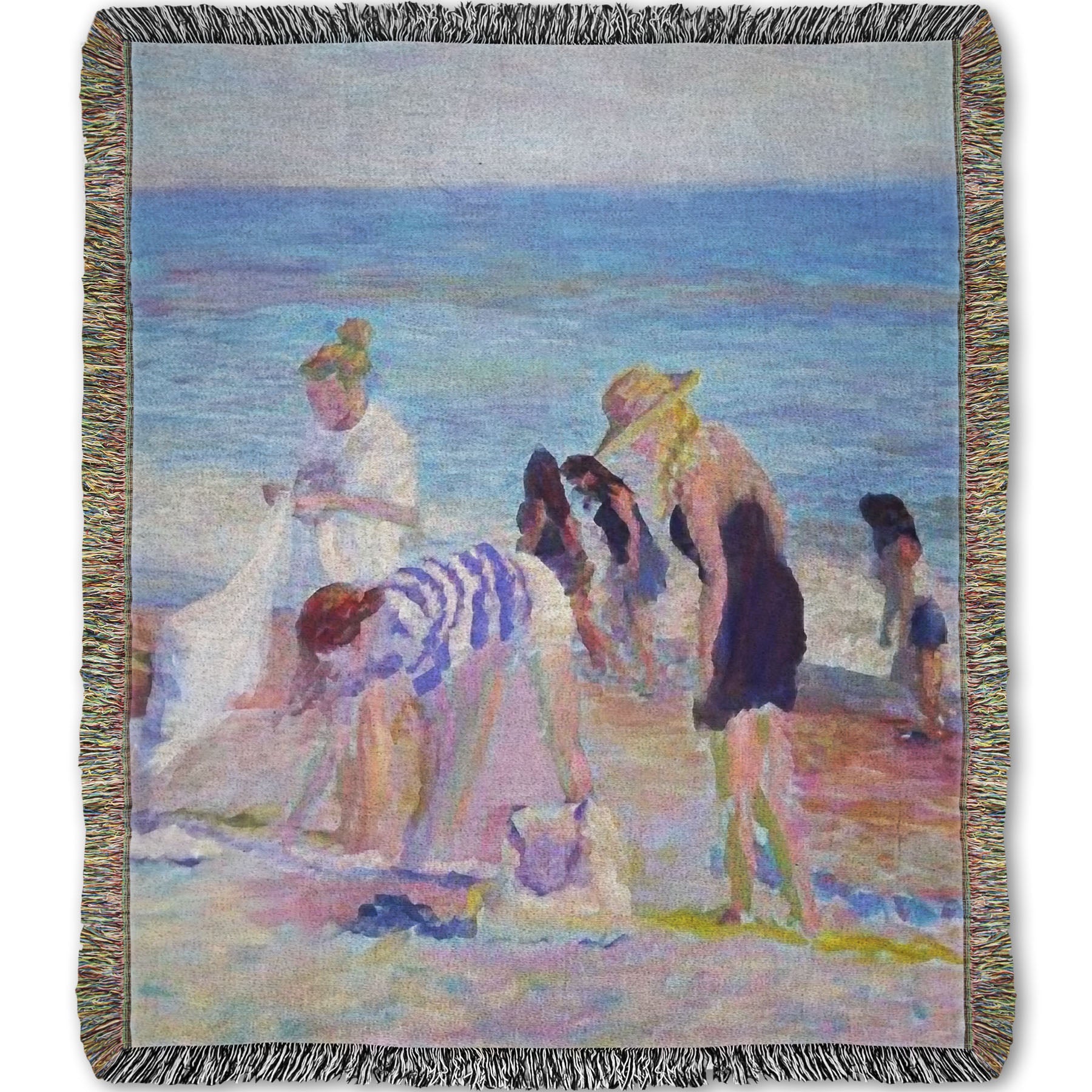 A woven throw blanket designed with a painting of beachgoers packing up their belongings after a relaxing day.
