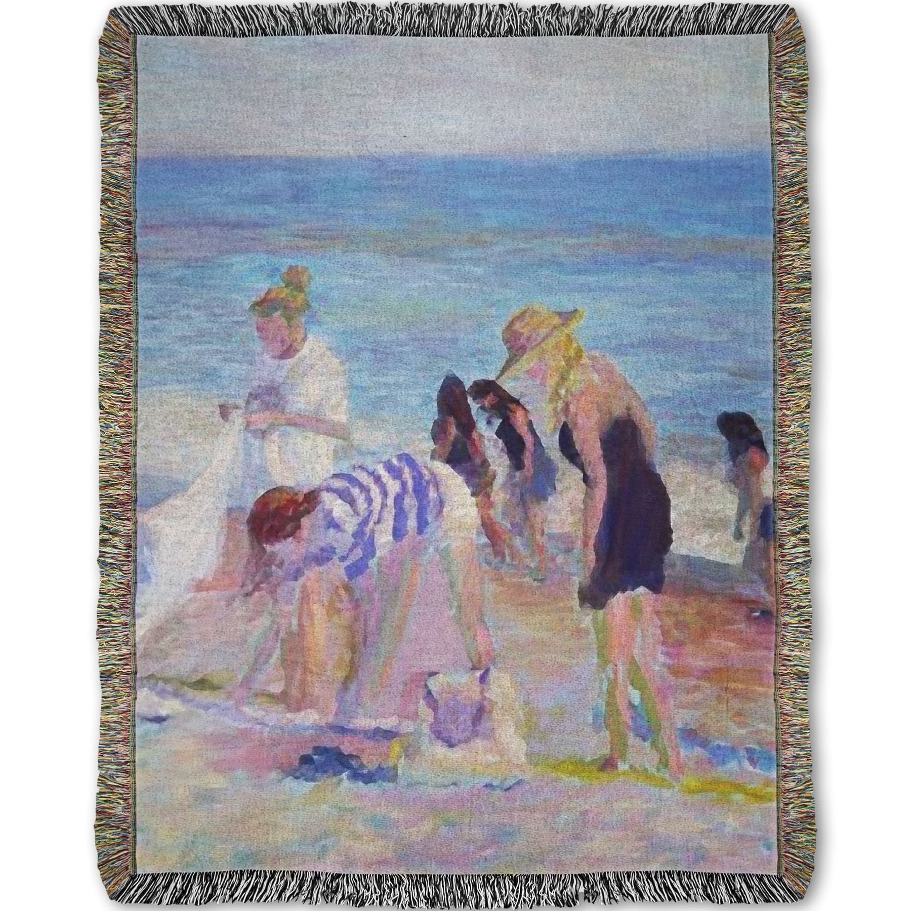 A woven throw blanket designed with a painting of beachgoers packing up their belongings after a relaxing day.