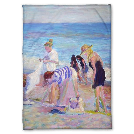 A fleece throw blanket designed with a painting of beachgoers packing up their belongings after a relaxing day.