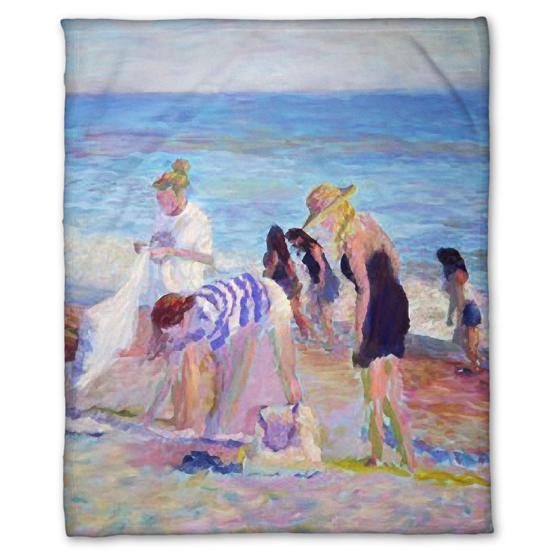 A fleece throw blanket designed with a painting of beachgoers packing up their belongings after a relaxing day.