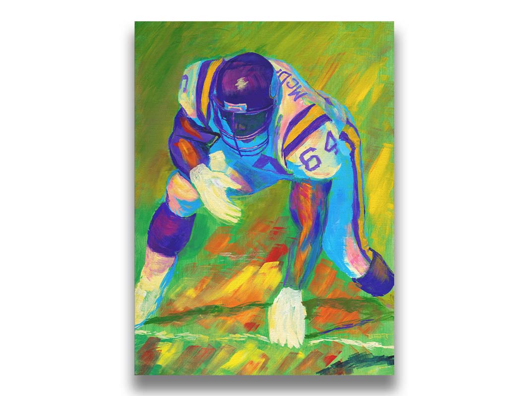 A painting of a football player, wearing white and purple, crouched on a bright green field. Printed on canvas.