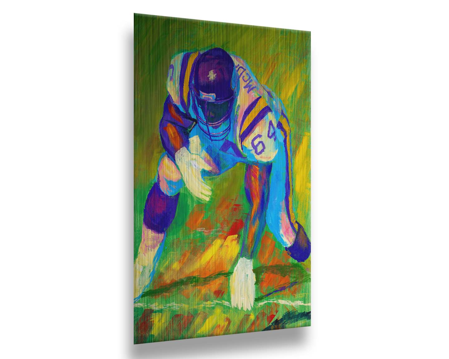 A painting of a football player, wearing white and purple, crouched on a bright green field. Printed on metal.