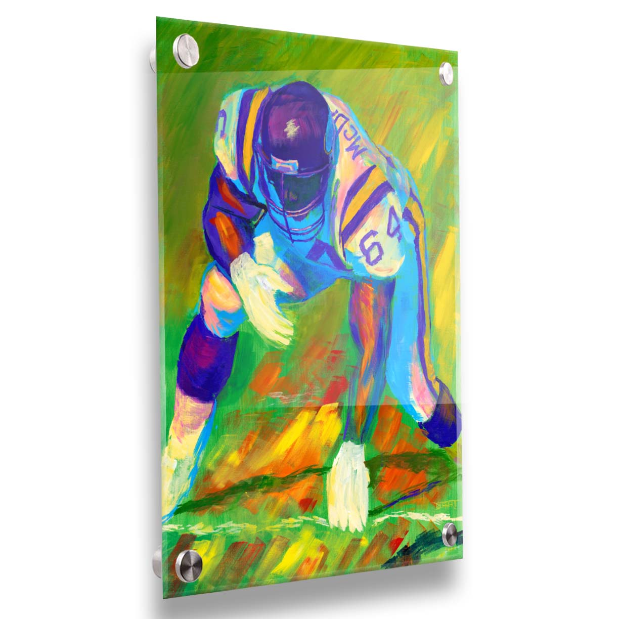 A painting of a football player, wearing white and purple, crouched on a bright green field. Printed on acrylic.