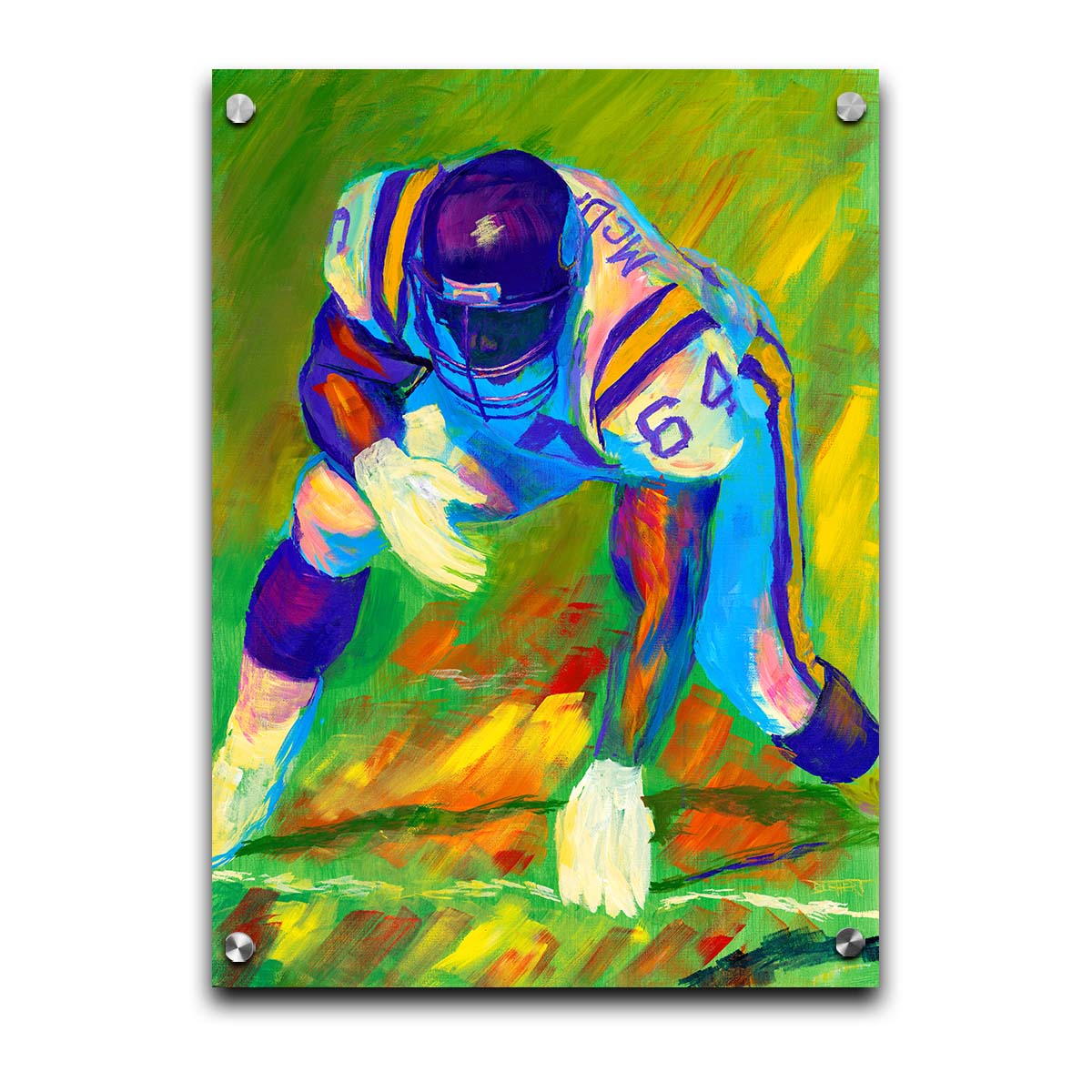 A painting of a football player, wearing white and purple, crouched on a bright green field. Printed on acrylic.