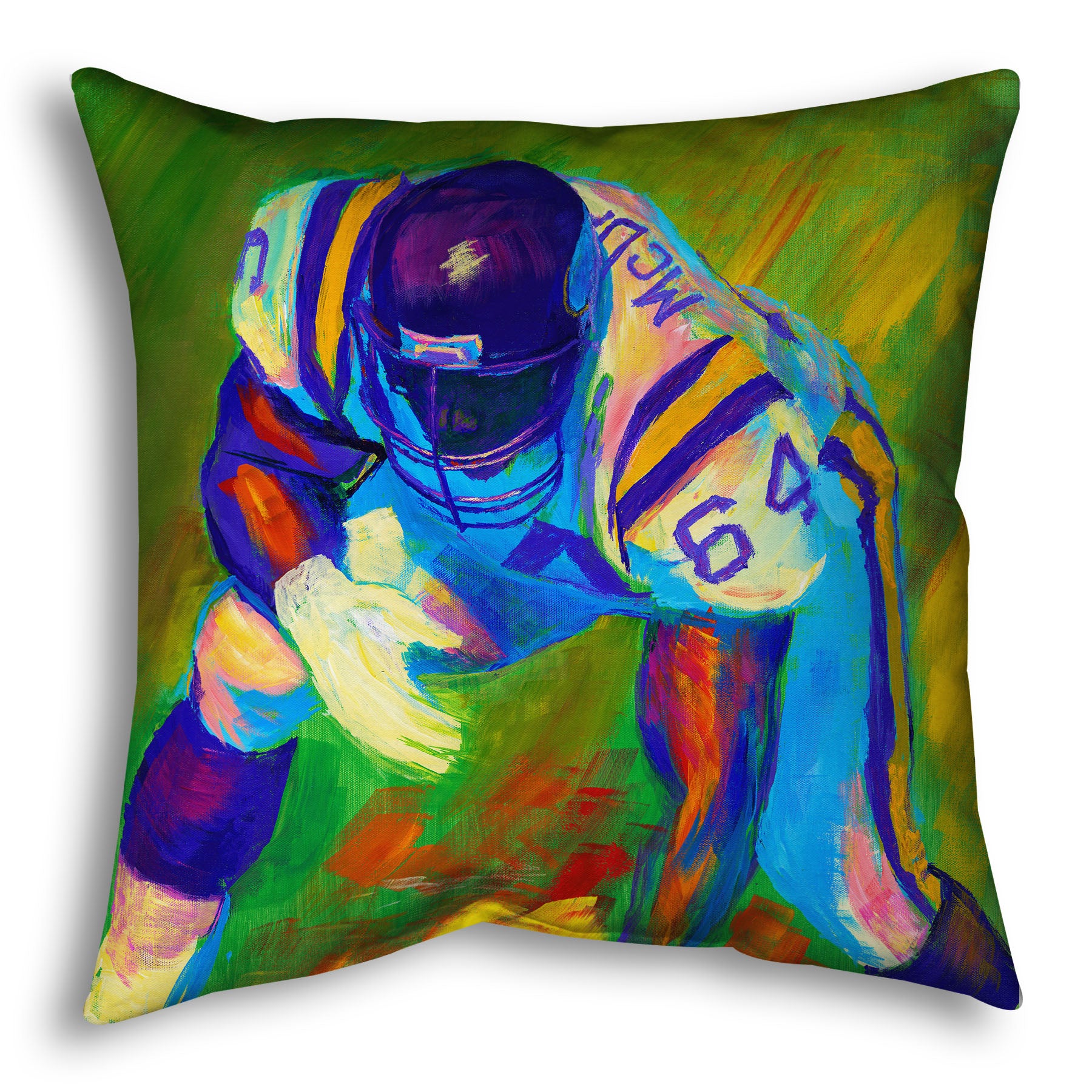 A throw pillow designed with a painting of a football player, wearing white and purple, crouched on a bright green field.