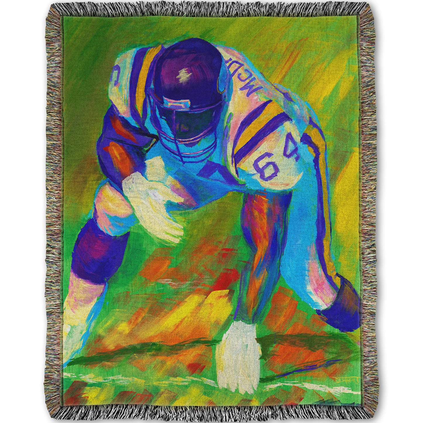 A woven throw blanket designed with a painting of a football player, wearing white and purple, crouched on a bright green field.