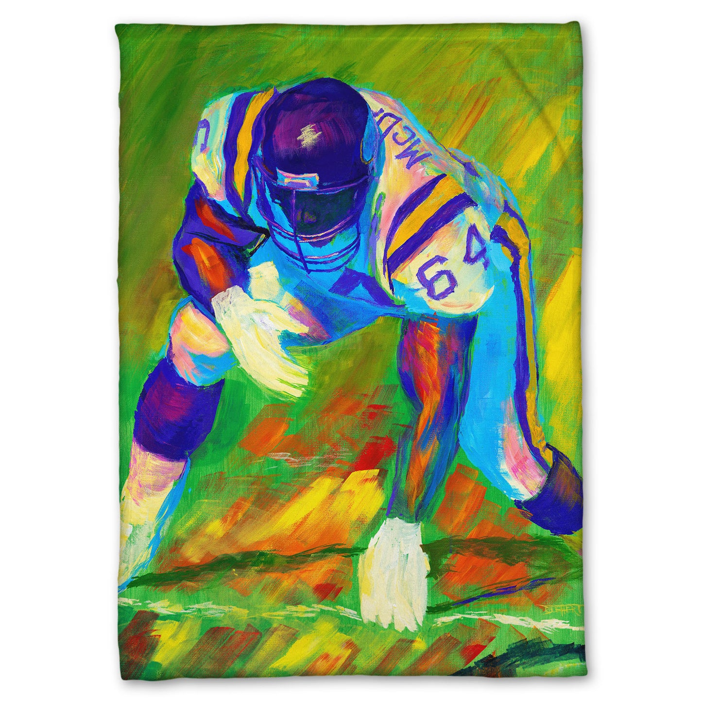 A fleece throw blanket designed with a painting of a football player, wearing white and purple, crouched on a bright green field.