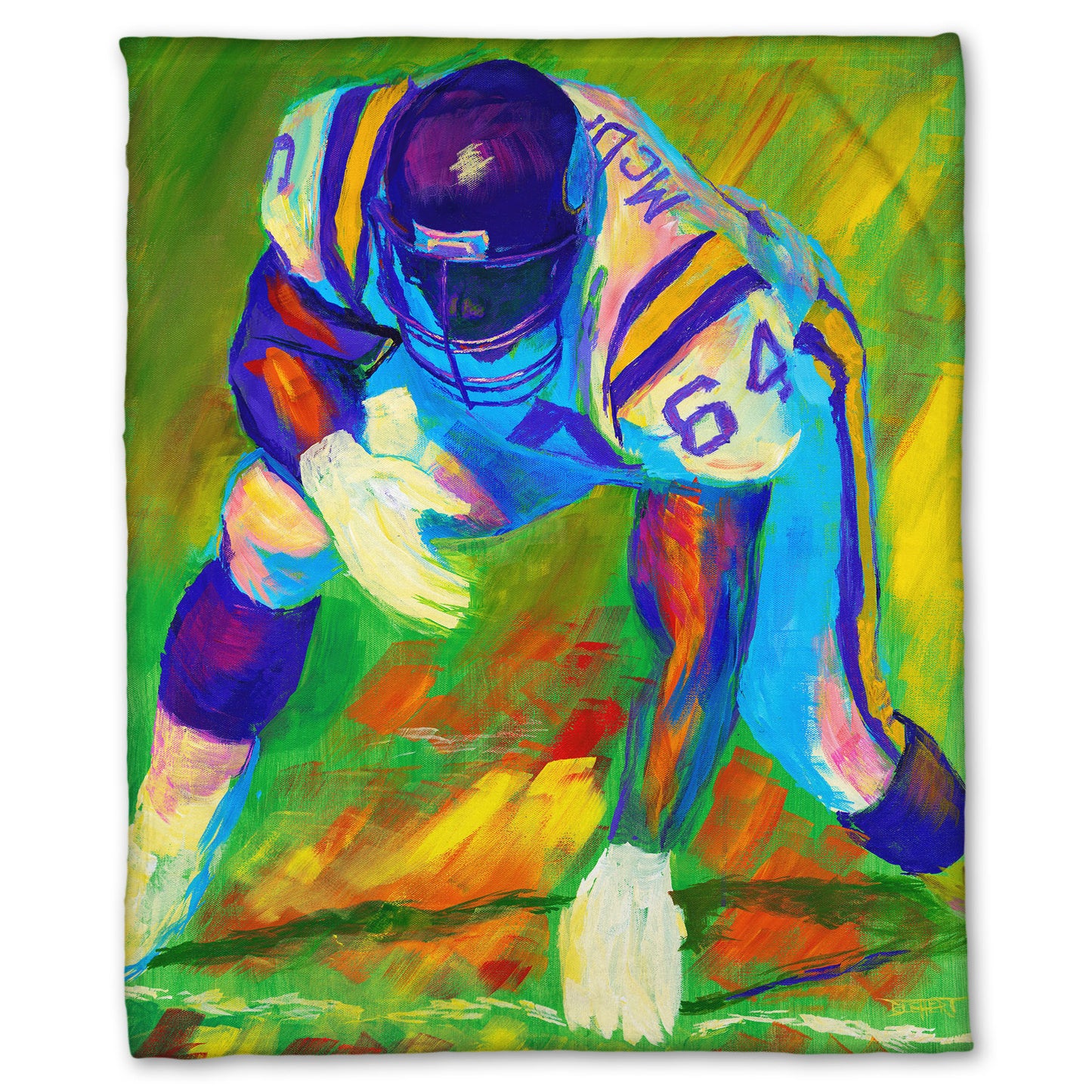 A fleece throw blanket designed with a painting of a football player, wearing white and purple, crouched on a bright green field.