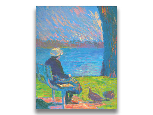 A peaceful painting of a person sitting on a bench by a lake, accompanied by two ducks on the ground. Printed on canvas.