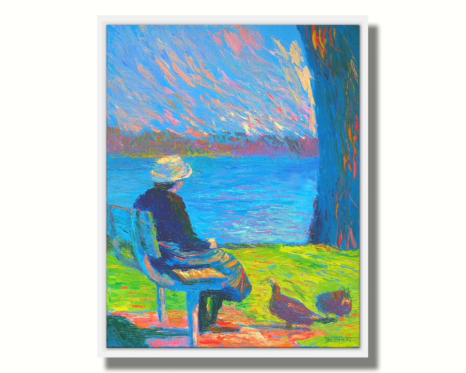 A peaceful painting of a person sitting on a bench by a lake, accompanied by two ducks on the ground. Printed on canvas in a float frame.