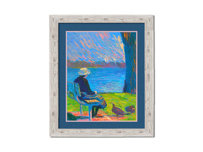 A peaceful painting of a person sitting on a bench by a lake, accompanied by two ducks on the ground. Printed on paper, matted, and framed.