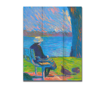 A peaceful painting of a person sitting on a bench by a lake, accompanied by two ducks on the ground. Printed on a box board.