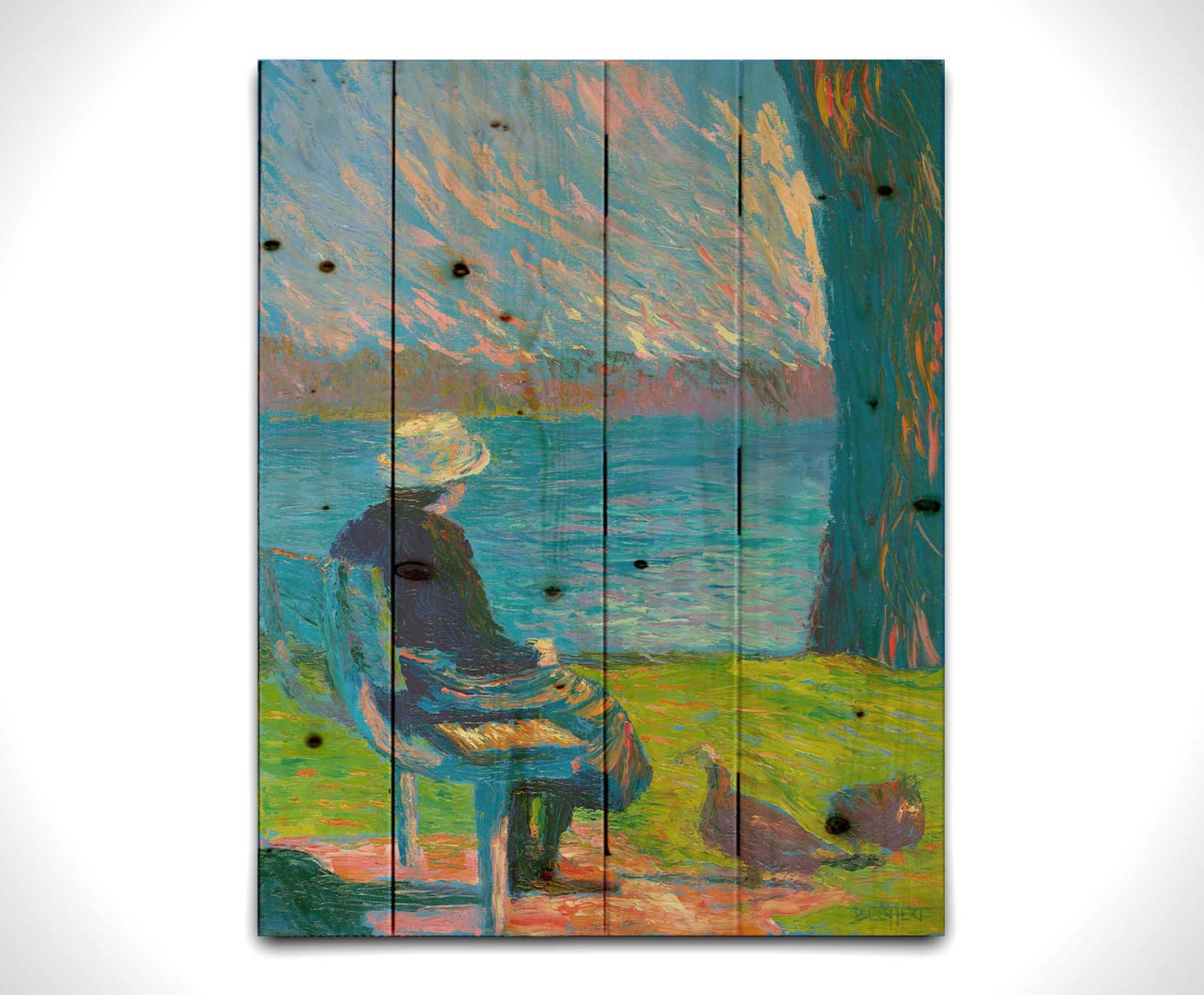 A peaceful painting of a person sitting on a bench by a lake, accompanied by two ducks on the ground. Printed on a wood pallet.