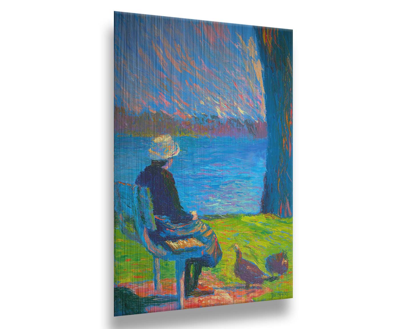 A peaceful painting of a person sitting on a bench by a lake, accompanied by two ducks on the ground. Printed on metal.