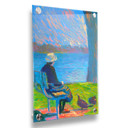 A peaceful painting of a person sitting on a bench by a lake, accompanied by two ducks on the ground. Printed on acrylic.