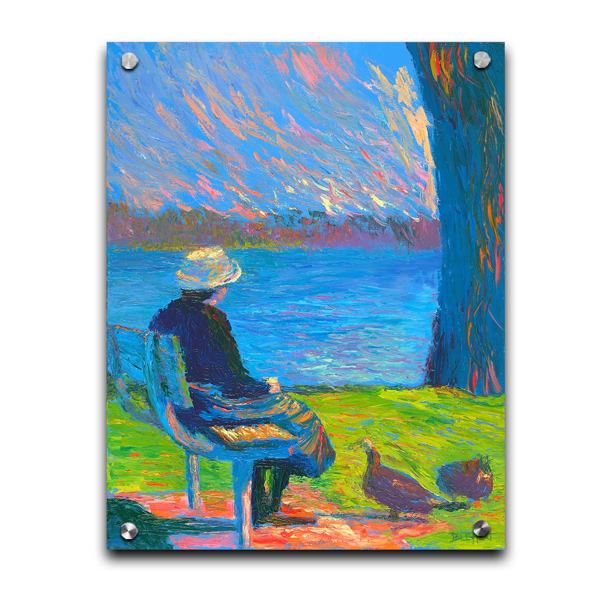 A peaceful painting of a person sitting on a bench by a lake, accompanied by two ducks on the ground. Printed on acrylic.